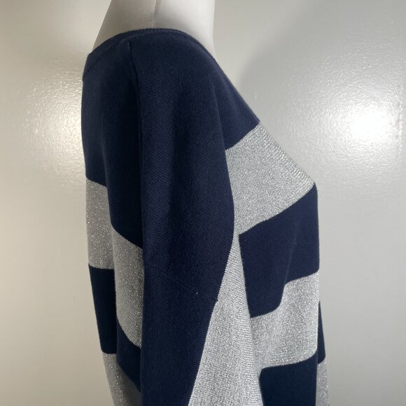 Liz Claiborne Navy Blue Silver Striped Boat Neck Tight Knit Pullover Sweater XL - Picture 11 of 13